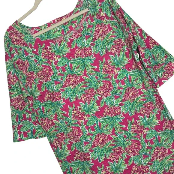 Lilly Pulitzer Marlowe T-Shirt Dress Women Large Pink Pineapple Print 3/4 Sleeve