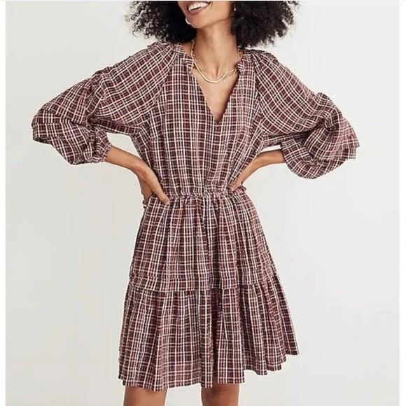 Madewell Seersucker Wrap Mini Dress Dark Red Tartan Merlot Size‎ Large NWT