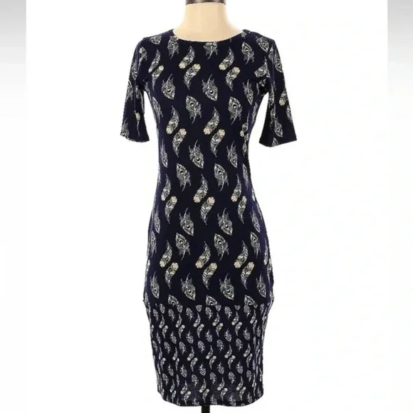 LuLaRoe Fitted Julia Midi Dress Navy Yellow Feathers Aztec Southwestern Size XS