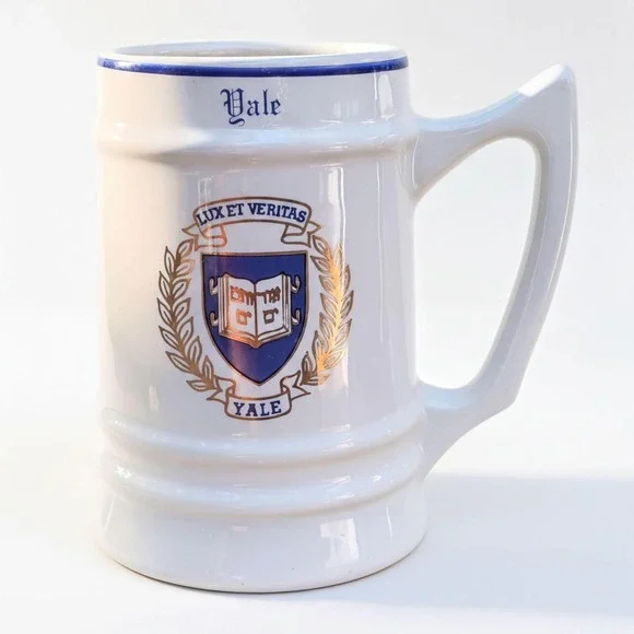 Beer Stein Yale University Vintage Ceramic White Blue College Crest Alumni Gift‎