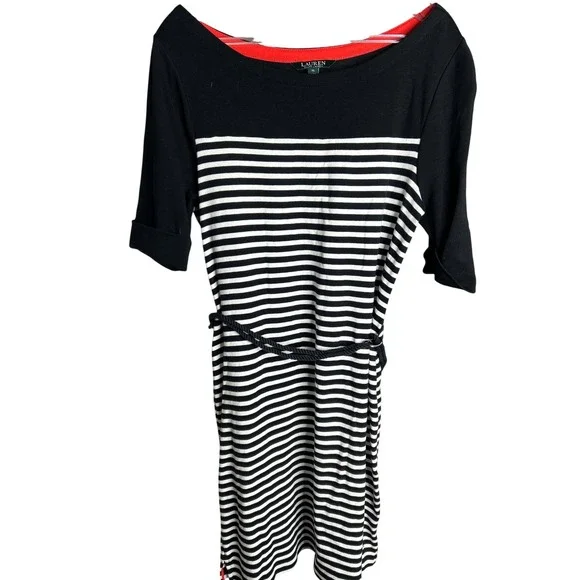 Lauren Ralph Lauren XL Black‎ White Striped Boat Neck Dress Rope Belt Nautical