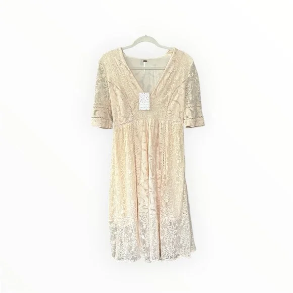 $168 Free People Mountain‎ Laurel Lace Crochet Dress Almond Beige Ivory 4 S NWT