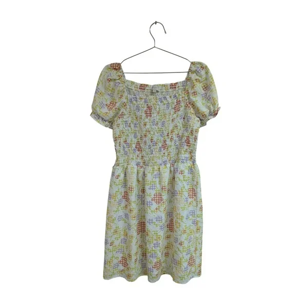 Loft Gingham Flower Puff Sleeve Dress Mini Smocked Cute Girlie‎ Pastel Medium