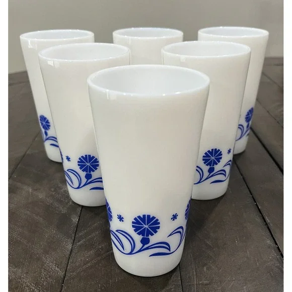 VINTAGE 6 Hazel Atlas Hazelware Blue Cornflower Daisy Milk Glass Tumbler Corning