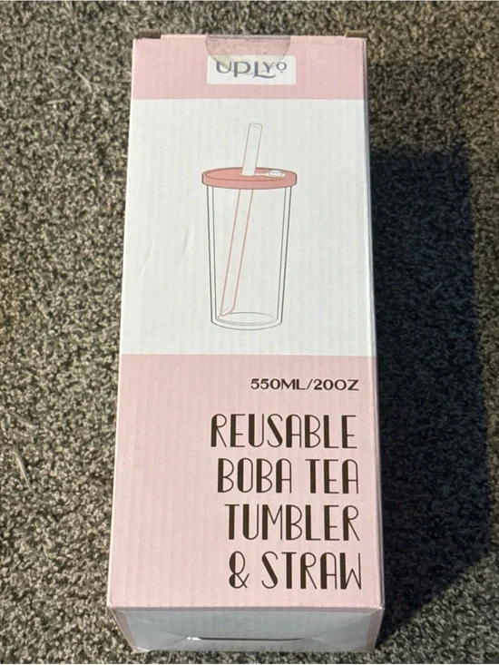 Reusable Boba Tea Tumbler & Straw 20oz BPA Free Wide Straw Pink White Daisy