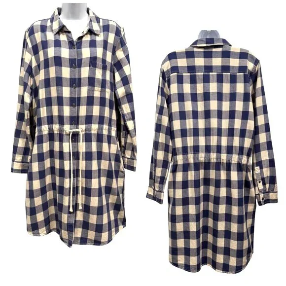 GH Bass Gingham Plaid Shirt Dress Blue White Womens L Preppy Nautical‎ Normcore