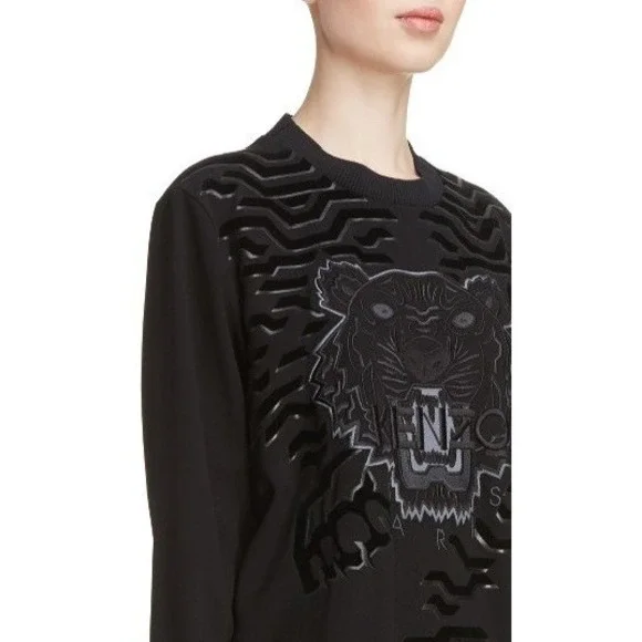 Kenzo Paris Tiger Head Embroidered Sweatshirt Dress Black &‎ Silver Large