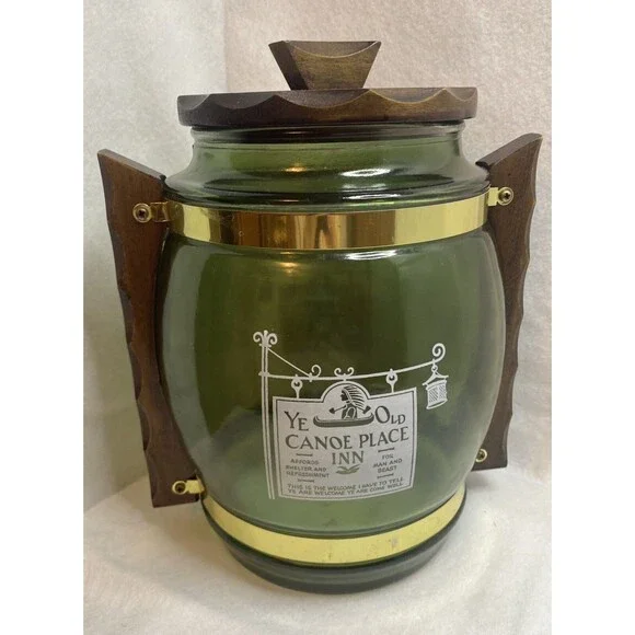 Vintage Siestaware Pitcher Barrel Shaped Glass Container Wood Lid &Handle 10”x9”