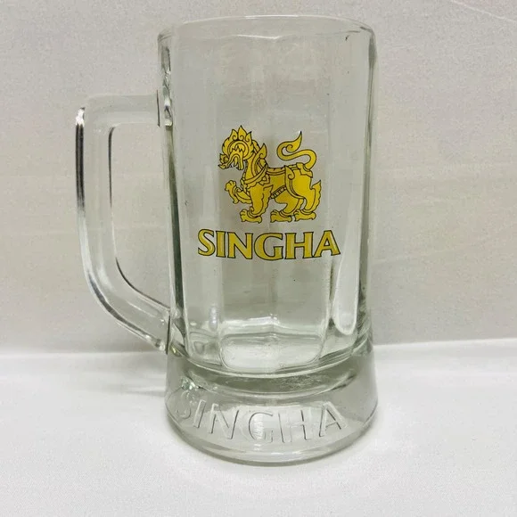 Singha Beer Mug Original Thailand Glass Collectible 12oz Drink ware GUC