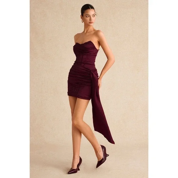 Micas Satin Asymmetrical Sleeveless Mini Dress BURGUNDY size M