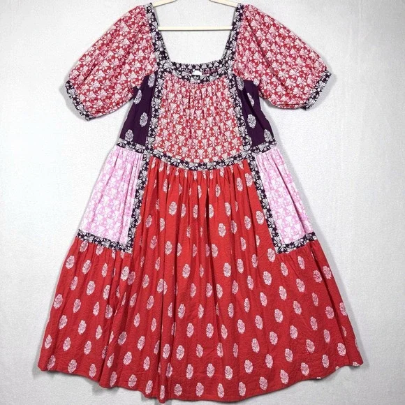 Maeve Dress‎ Womens XS Patchwork Square Neck Tape Detail Midi Peasant Cottage
