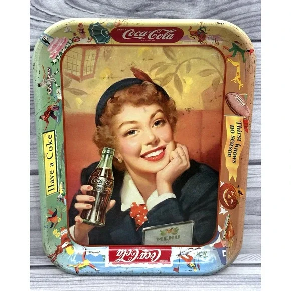 VINTAGE COCA COLA THIRST KNOWS NO‎ SEASON METAL SERVING TRAY   *1