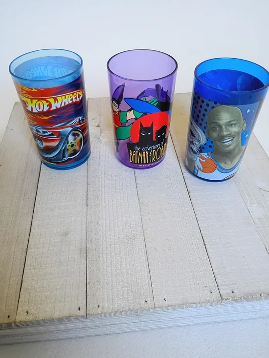 90s & 2000s Plastic Collector Cups Lot - Hot Wheels, Batman & Robin, Space Jam