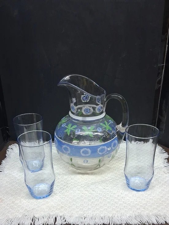 Vintage hand-painted glass pitcher & 3 blue tumblers, cottage style‎