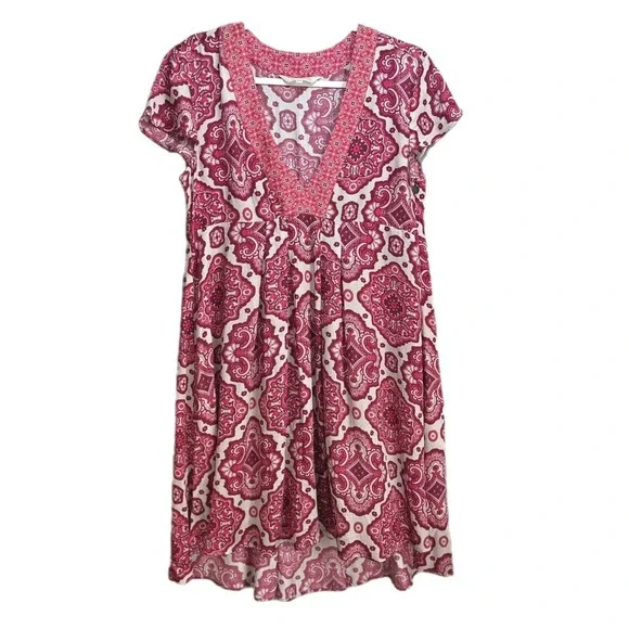 Odd Molly Anthropologie Midi Shift Dress‎ Red Paisley High Low Vneck Flowy