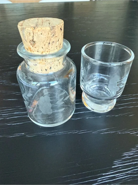 Vintage Clear Glass Apothecary Bottle with Cork and Matching Shot Glass - Clear