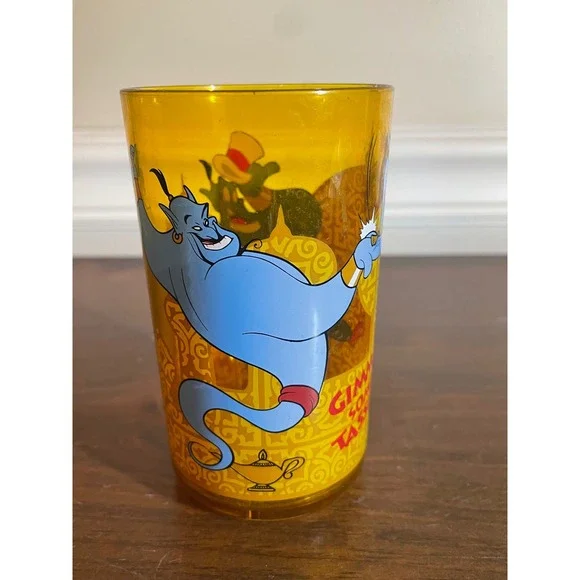 Vintage Disney Aladdin Genie Plastic Tumbler Cup Yellow Amber Let's Make Magic