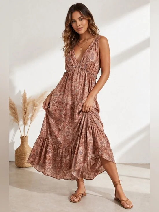 Rachel Zoe Maxi Dress Small Pink Empire Paisley Tiered‎ V-Neck Boho Summer Beach