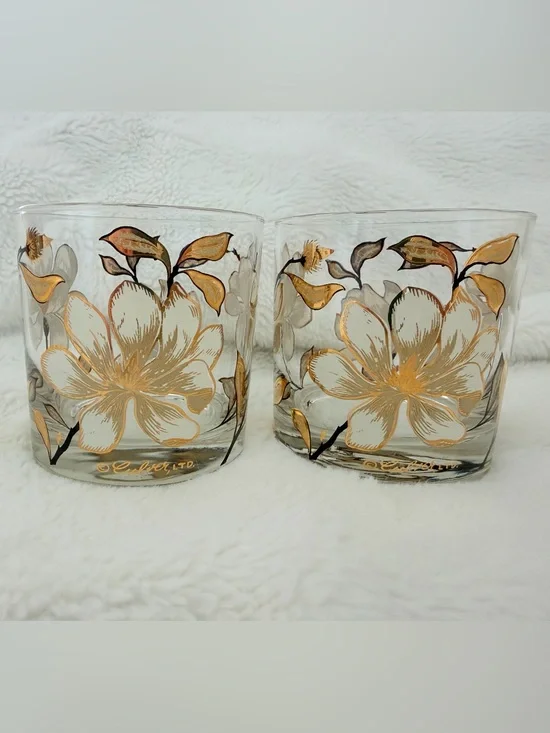 Vintage Culver Ltd Magnolia Gold Flower Lowball Glasses - Set of 2 - Midcentury