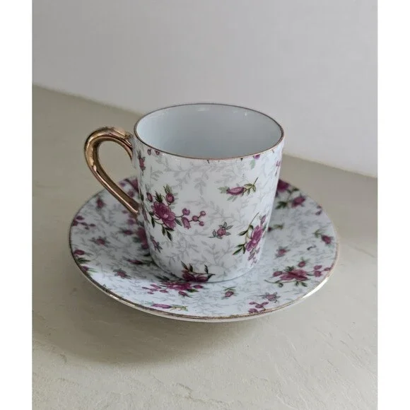 Vintage Norcrest Pink Floral Chintz Demitasse Cup And Saucer