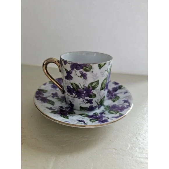 Vintage Inarcho Purple Floral Chintz Demitasse Cup And Saucer