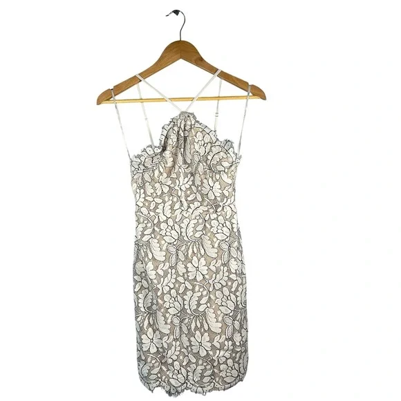 Lulus‎ Lace Bodycon Mini Dress White Beige Spaghetti Strap Halter XS