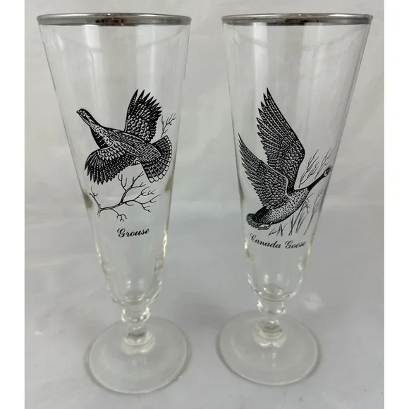 Federal Silver Rim Pilsner Glasses 12 oz Grouse Canada Goose Vtg 60s Sportsman