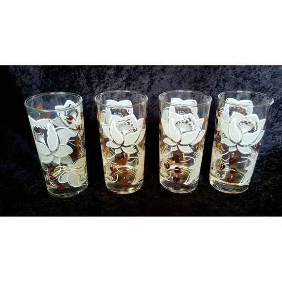 Vintage MCM White Lotus Highball Glasses Barware Gold Leaf Floral Dante Set 4