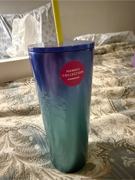 Starbucks Hawaii Collection Ombre Blue Green Tumbler with Yellow Straw
