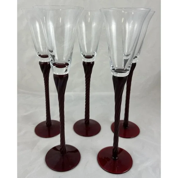 Bombay Wine Glasses Tall Twisted Ruby Red Stem 13