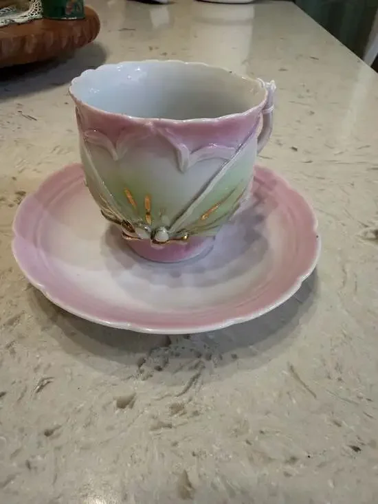 Vintage Lusterware Pink and Green Lotus Flower Teacup and Saucer Set