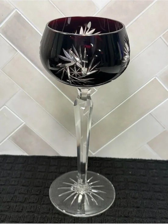 Bohemian Dark Amethyst / Red Cut to Clear Crystal Hock Wine Glass Goblet 8