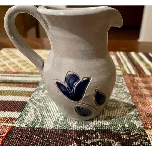 Williamsburg Salt Glaze Pottery Creamer/Small Pitcher Cobalt Blue Tulip 3