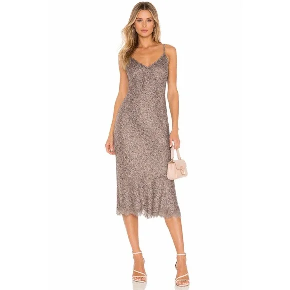 Gold Hawk Chloe Silk Slip Dress Taupe Stained Glass‎ Print Lace Hem Sz Small
