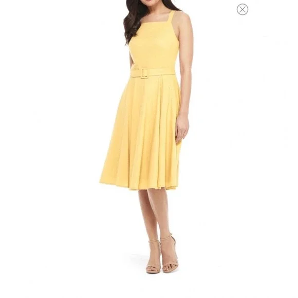 Gal‎ Meets Glam Dress Womens 18 Yellow Belted Square Neck Fit and Flare Midi
