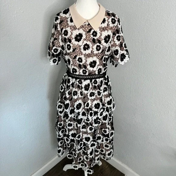 Just Me white black Floral Lace tiered Midi‎ Dress Beige Collar womens size med
