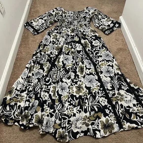 Free People Printed Dixie V Neck 3/4 Sleeve Maxi Dress Size Medium Boho