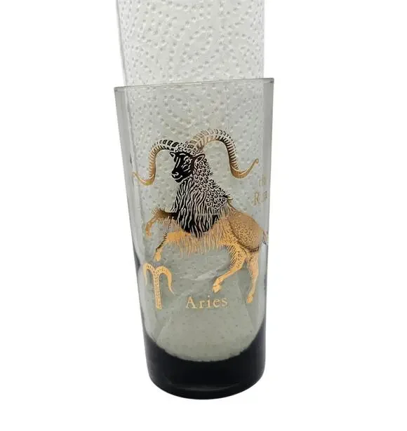 Vintage Federal Glass Aries Zodiac Highball Tumbler Smoked Grey Gold Ram MCM