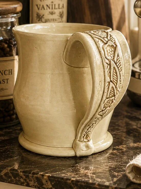 Handcrafted Signed Studio Pottery Artisan Coffee Mug With Ornate Handle