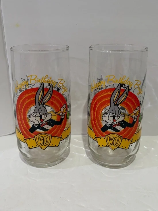 Vintage Looney Tunes Bugs Bunny 50th Birthday Glass Tumblers - Set of 2