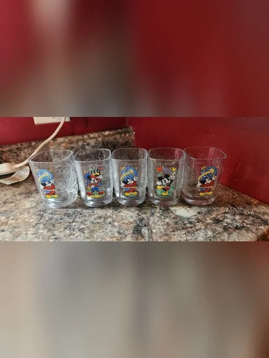 Disney Clear Glass Tumbler Set with Red, Yellow & Blue Character Artwork
