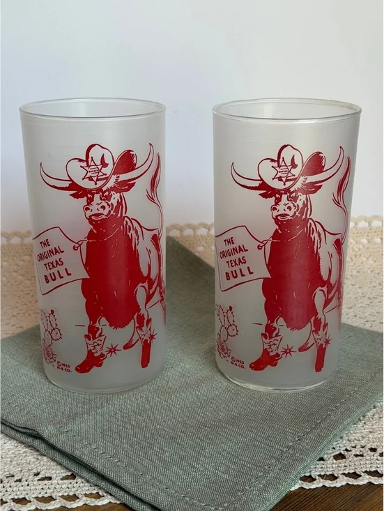 Vintage 1955 Texas Bull Frosted Highball Glasses Set of 2 Cowboy Western