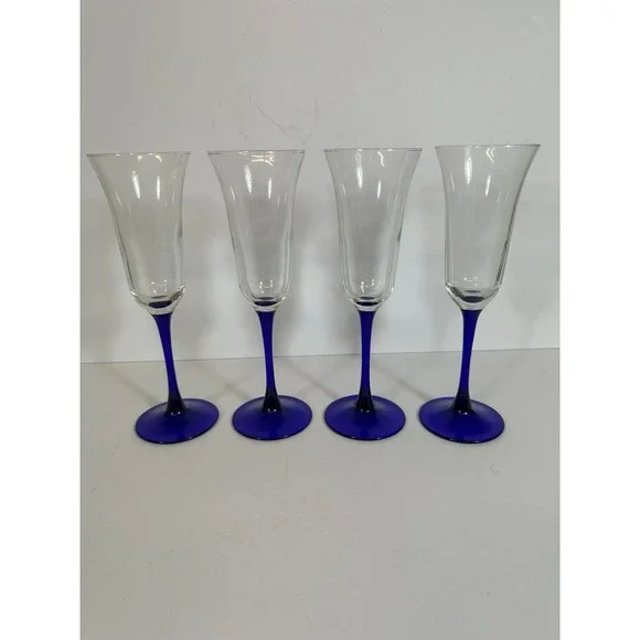 Cristal D'Arques Glasses Americana Blue Stem Champagne Flutes Flared Set Of 4