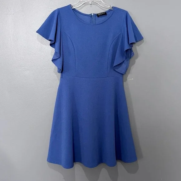 OTEN Skater Dress Women Med Blue Crepe Flutter Sleeve Fit Flare Cocktail‎ Party