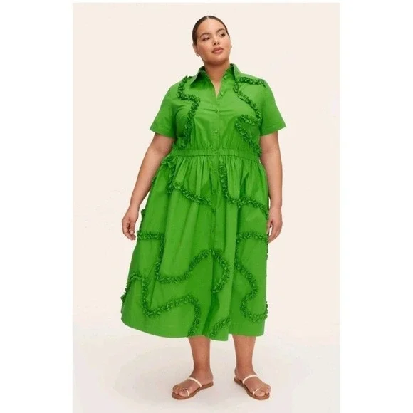 Kate Spade xTarget Green Ruffle Dress Midi Button‎ Front Short Sleeve Sz M