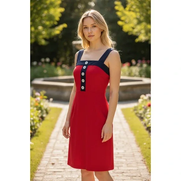eShakti Red‎ Navy Nautical Button Strap A Line Dress Size 0