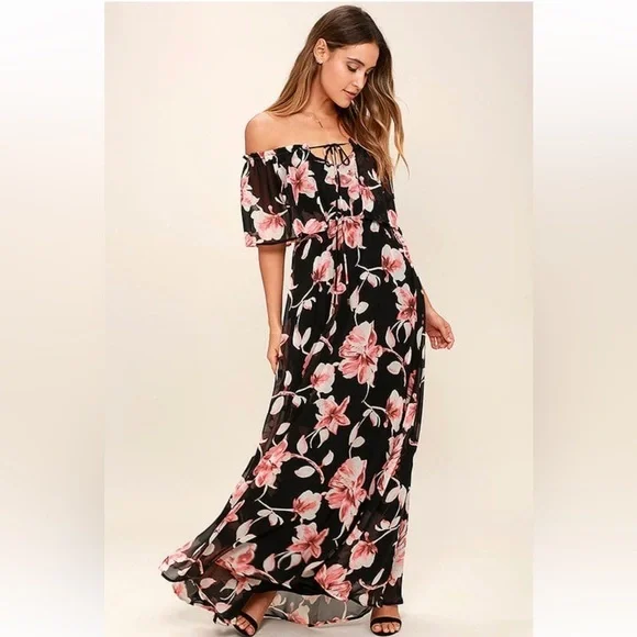 Lulus Infinite Love‎ Black Floral Print Off-the-Shoulder Maxi Dress Sz Small