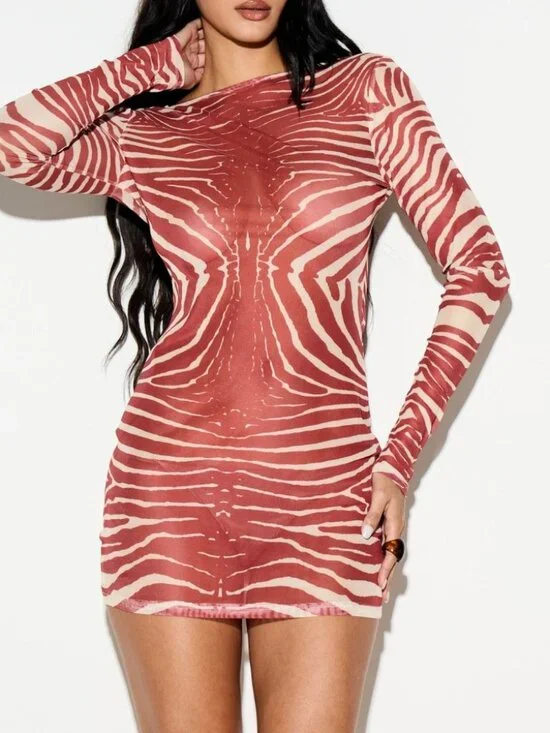 Rust Red Zebra Print Mesh Bodycon Mini Dress