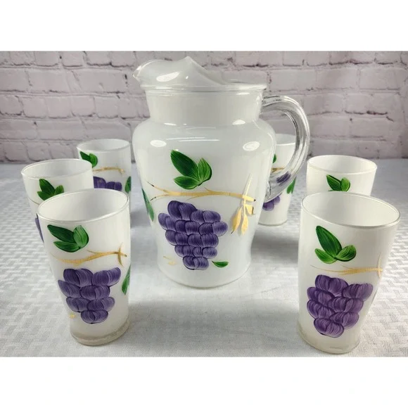 Mid Century Modern Bartlett Collins Frosted Glass GRAPES Pitcher + 6 Glasses