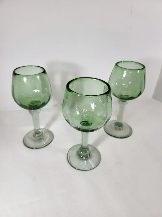 Vintage Hand‎ Blown Green Glass Goblets, Set of 3 Bubble Glass Wine Glasses